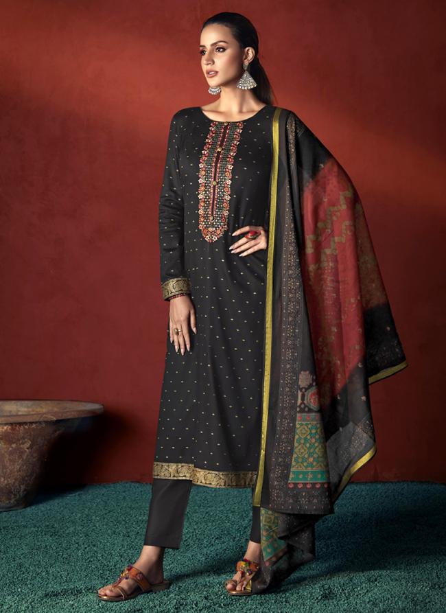 Pure Viscose Satin Black Traditional Wear Embroidery Work Straight Suit